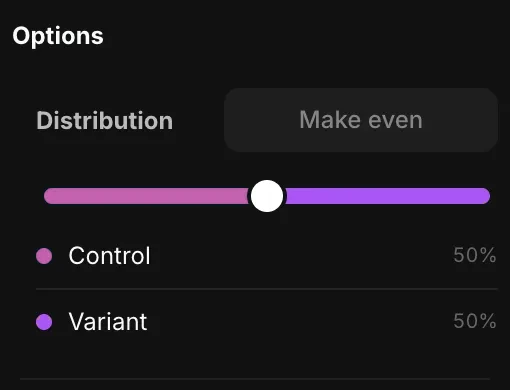The Distribution control - a slider splitting traffic 50% to Control and 50% to Variant, with a Make even button
