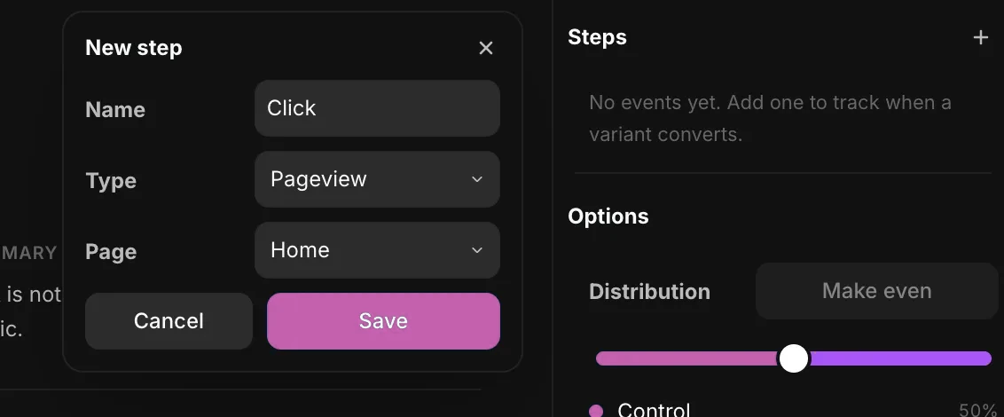 The New step dialog with Name, Type, and a target field - Type set to Pageview and Page set to Home