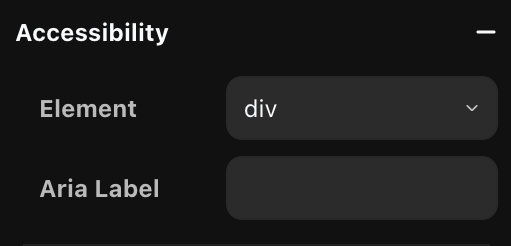 The Accessibility section with Element tag and Aria Label
