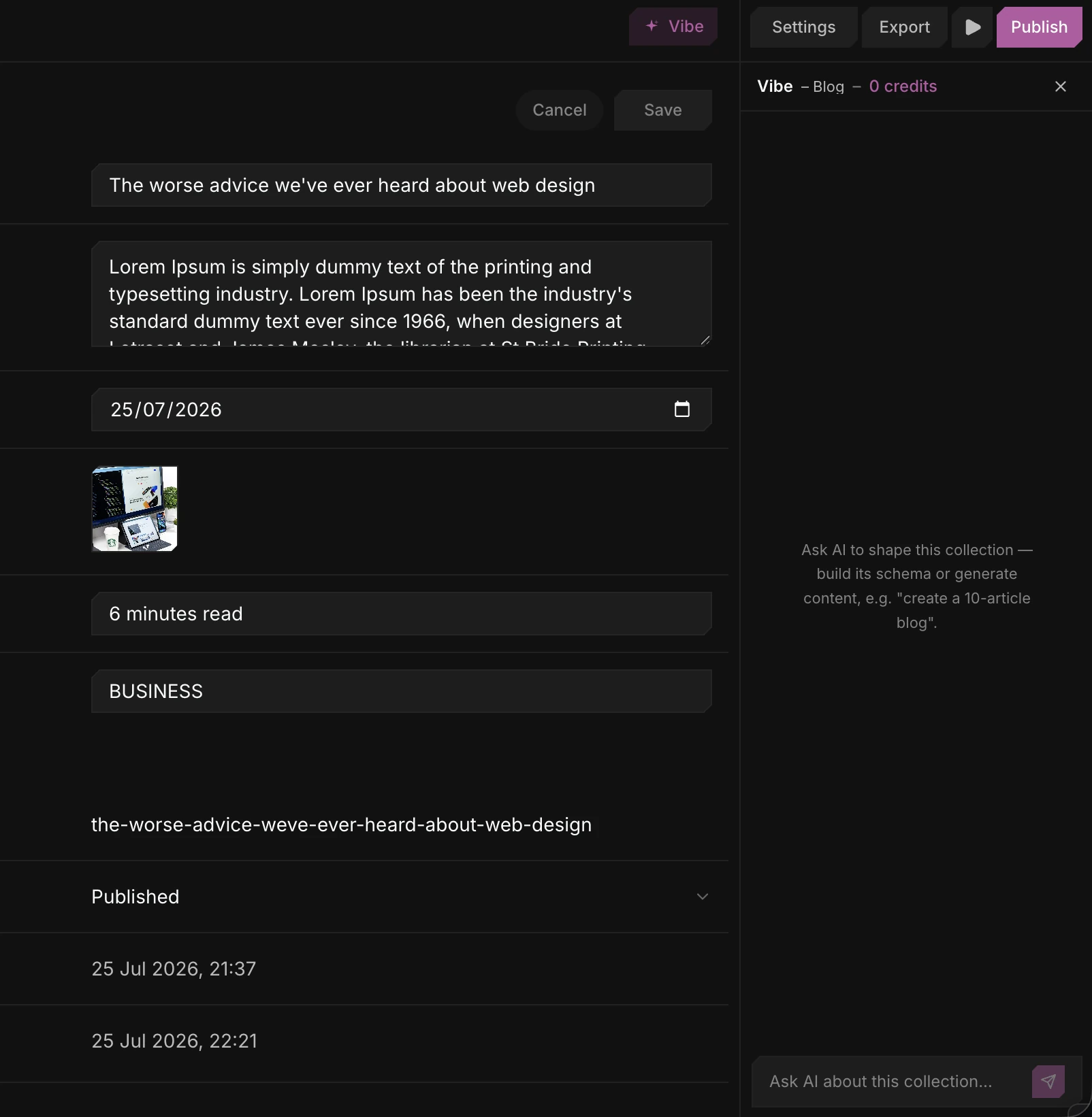 The CMS item editor with the Vibe collection chat open beside it
