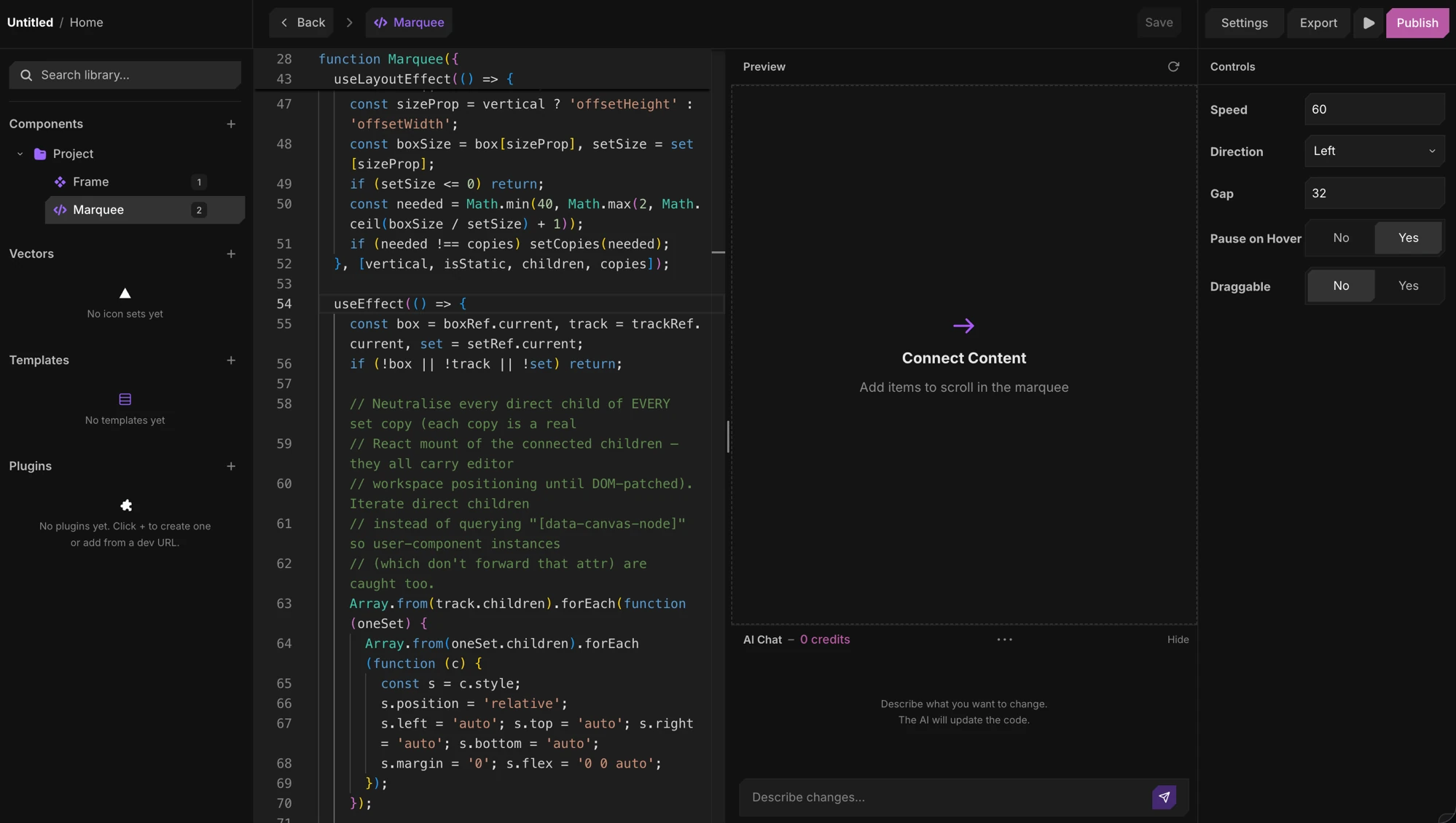The AI chat inside the code component editor