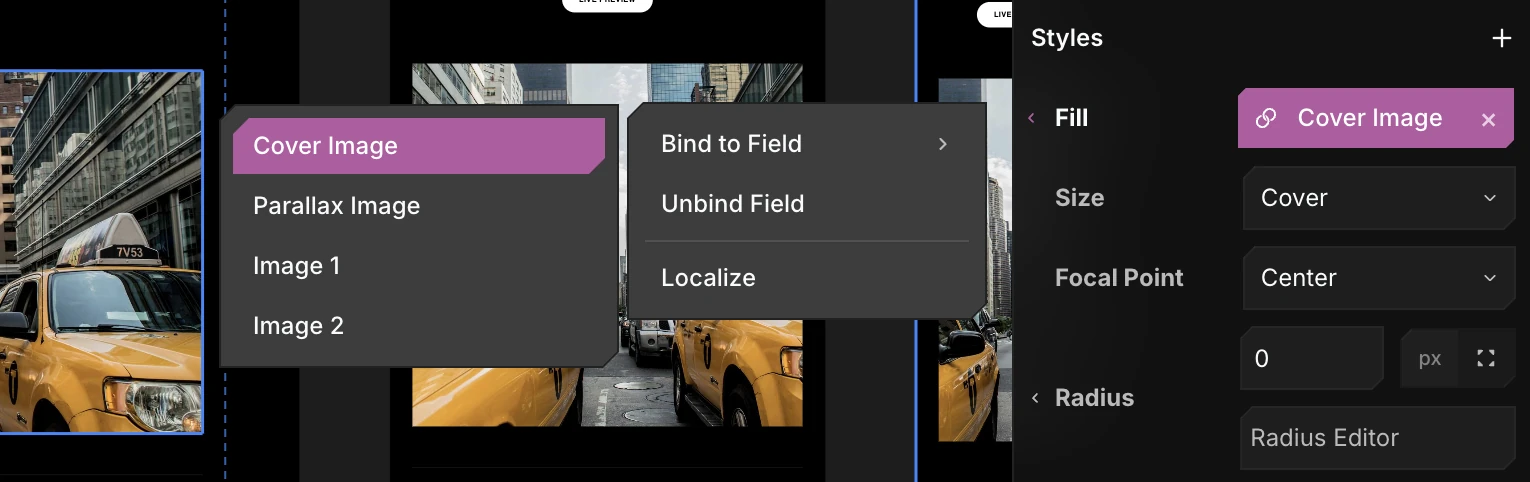 The Bind to Field menu binding a frame's Fill to an Image field