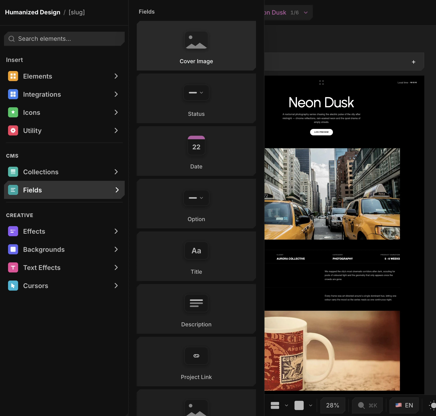 A CMS detail page bound to one item, with the Item 1 / 10 preview switcher