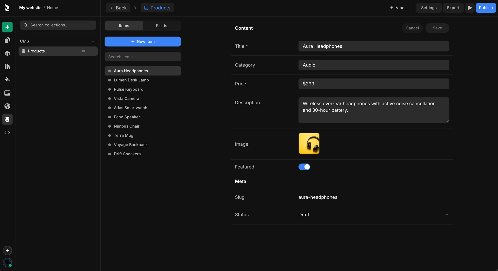 The CMS editor — an item's fields under Content, and Slug + Status under Meta
