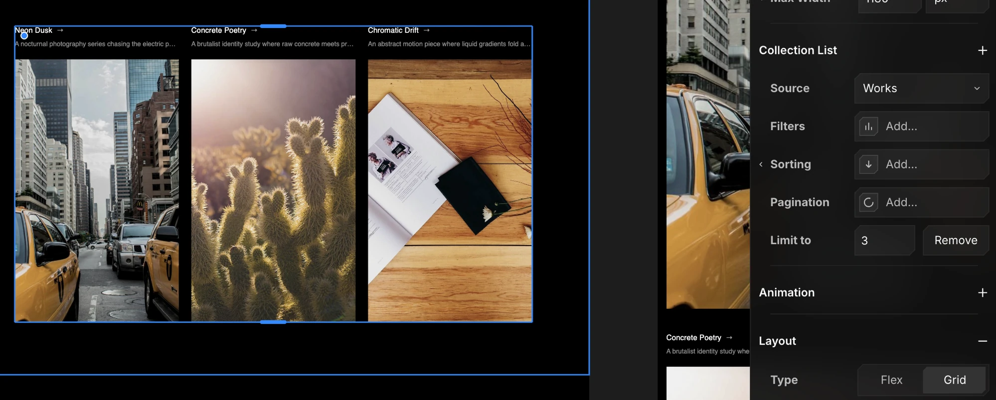 A CMS collection list - the same card repeated for every product across viewports