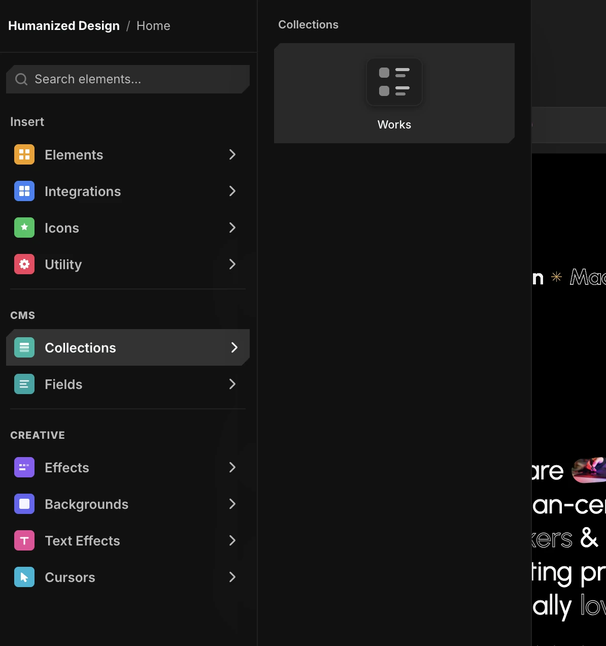 Insert → CMS → Collections, dropping a collection list onto a page