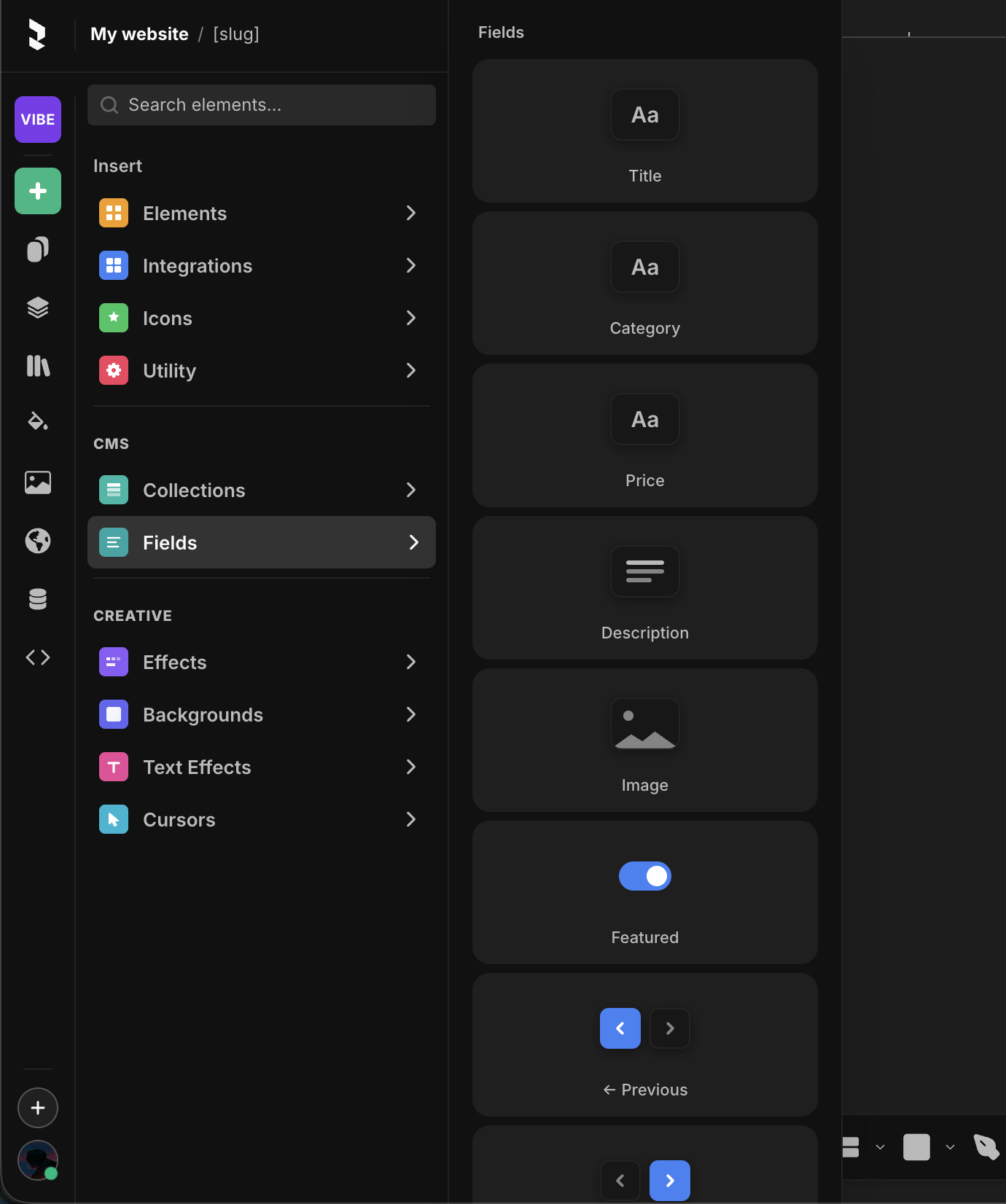 Insert → CMS → Fields on a detail page, showing each field as a draggable block