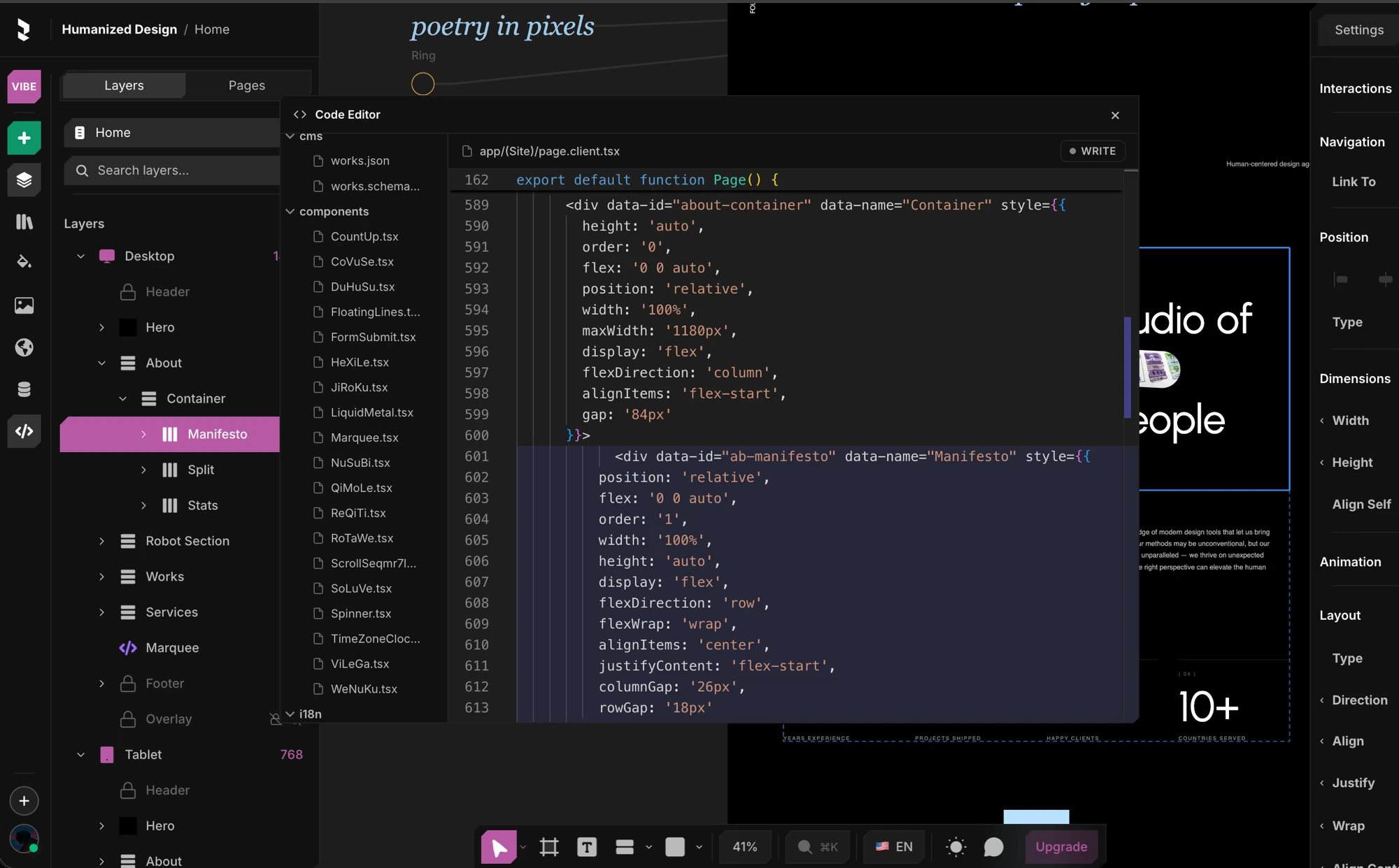 The Code Editor open over the canvas, showing a page's generated source