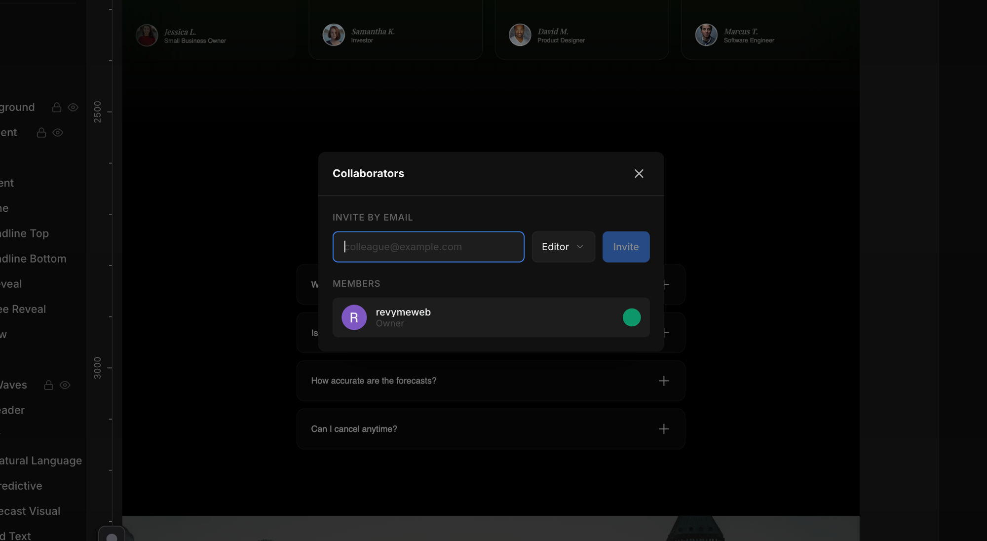 The Collaborators panel — invite teammates by email with a role, and see current members and their online status