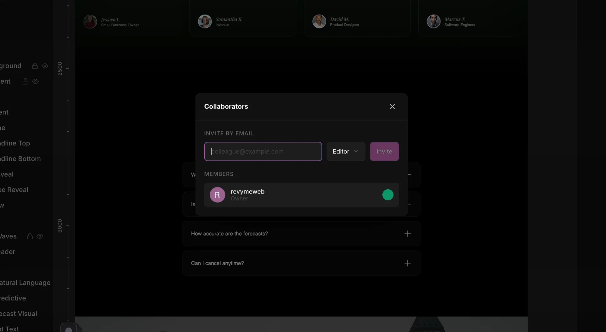The Collaborators panel - invite teammates by email with a role, and see current members and their online status