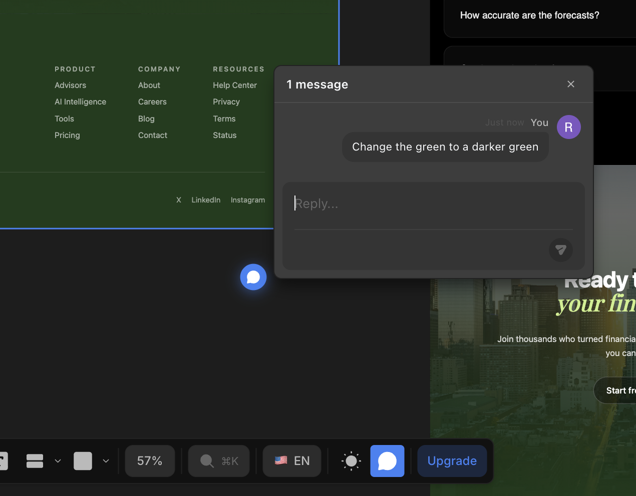 A comment thread open on the canvas, with the message and a reply box, plus the floating Comment button in the bottom toolbar