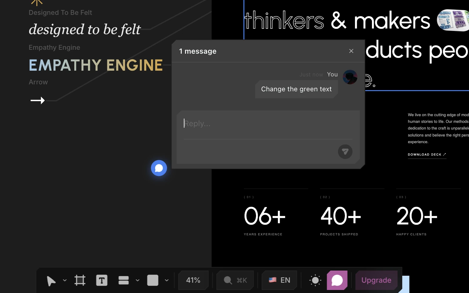 A comment thread open on the canvas, with the message and a reply box, plus the floating Comment button in the bottom toolbar