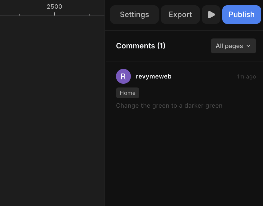 The properties panel showing the Comments list — each entry tagged with its page, ready to click and jump to