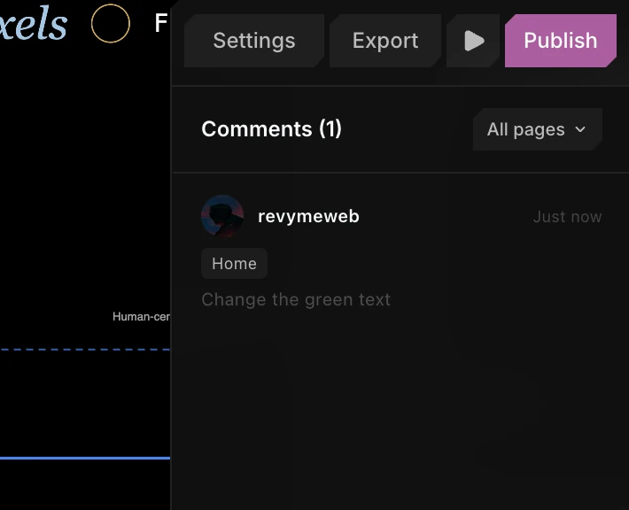 The properties panel showing the Comments list - each entry tagged with its page, ready to click and jump to