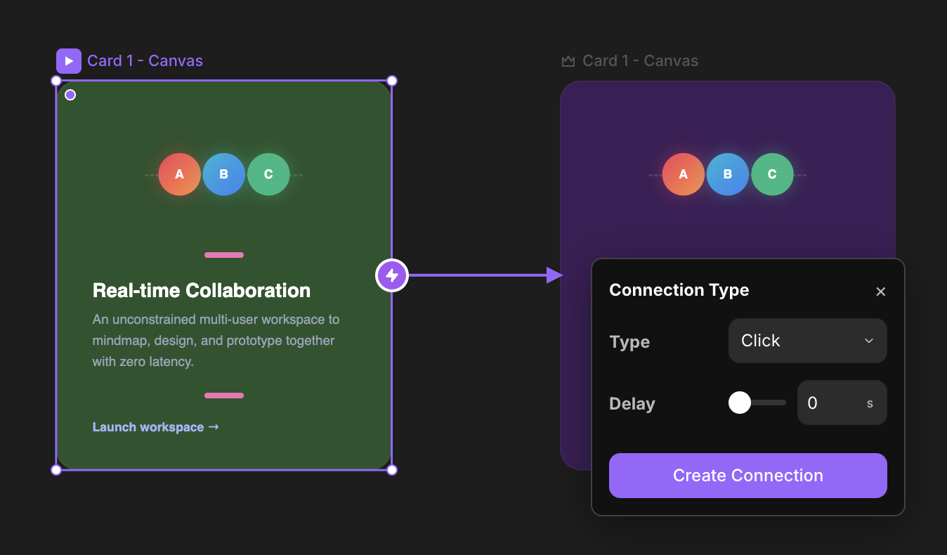 Dragging a connection between variants with the Connection Type popup