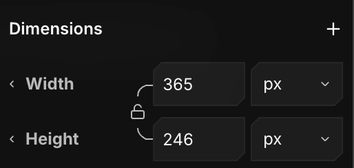 The Dimensions section with width and height controls