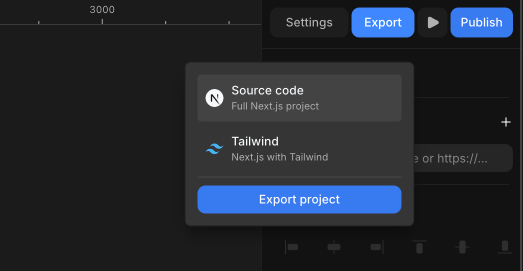 The Export dropdown — Source code, Tailwind, and Export project