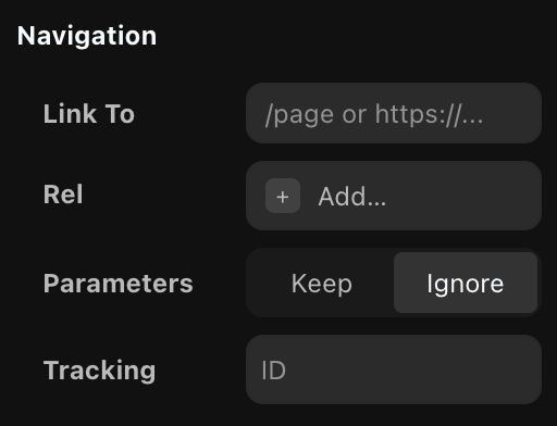 The Navigation section with Link To, Rel, Parameters, and Tracking