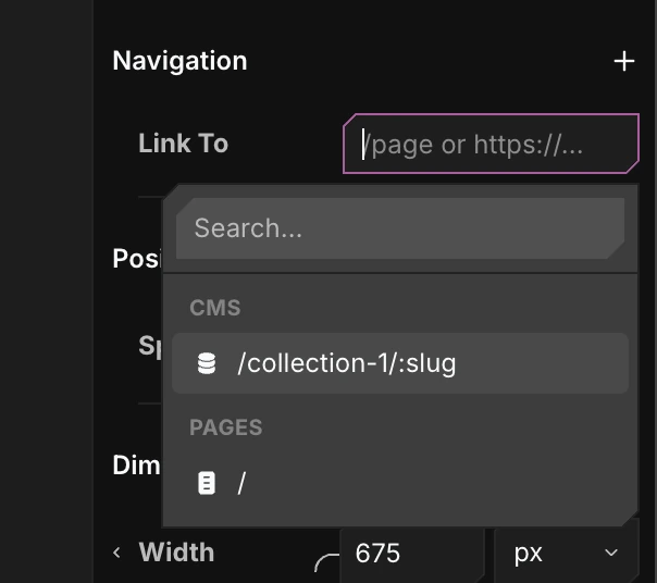 The Navigation section with the Link To picker open, listing CMS routes and pages