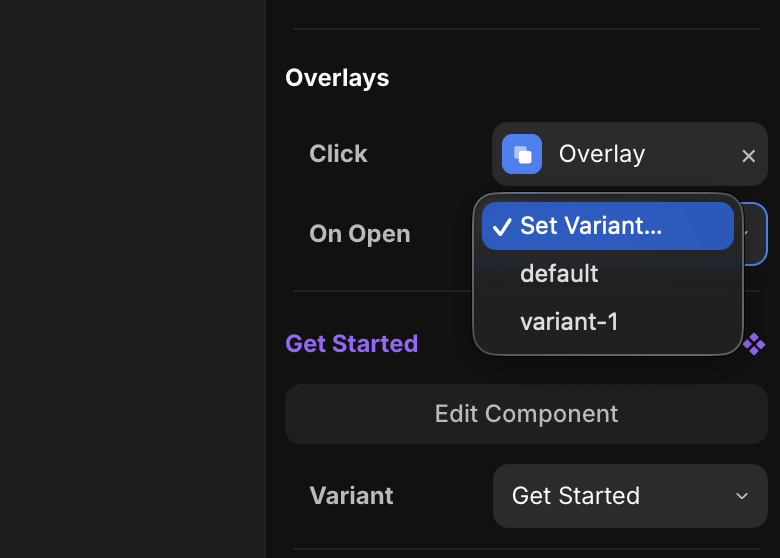 The On Open Set Variant option on an overlay attached to a component instance