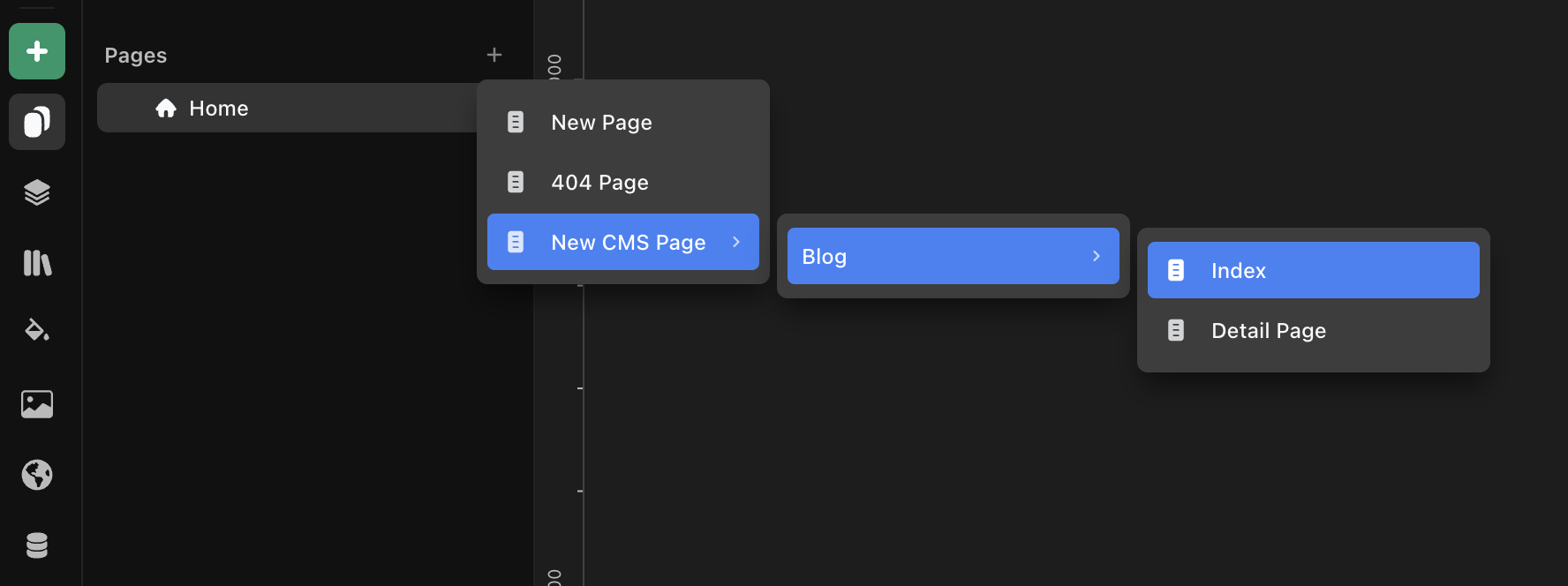 The add-page menu — New Page, 404 Page, and New CMS Page