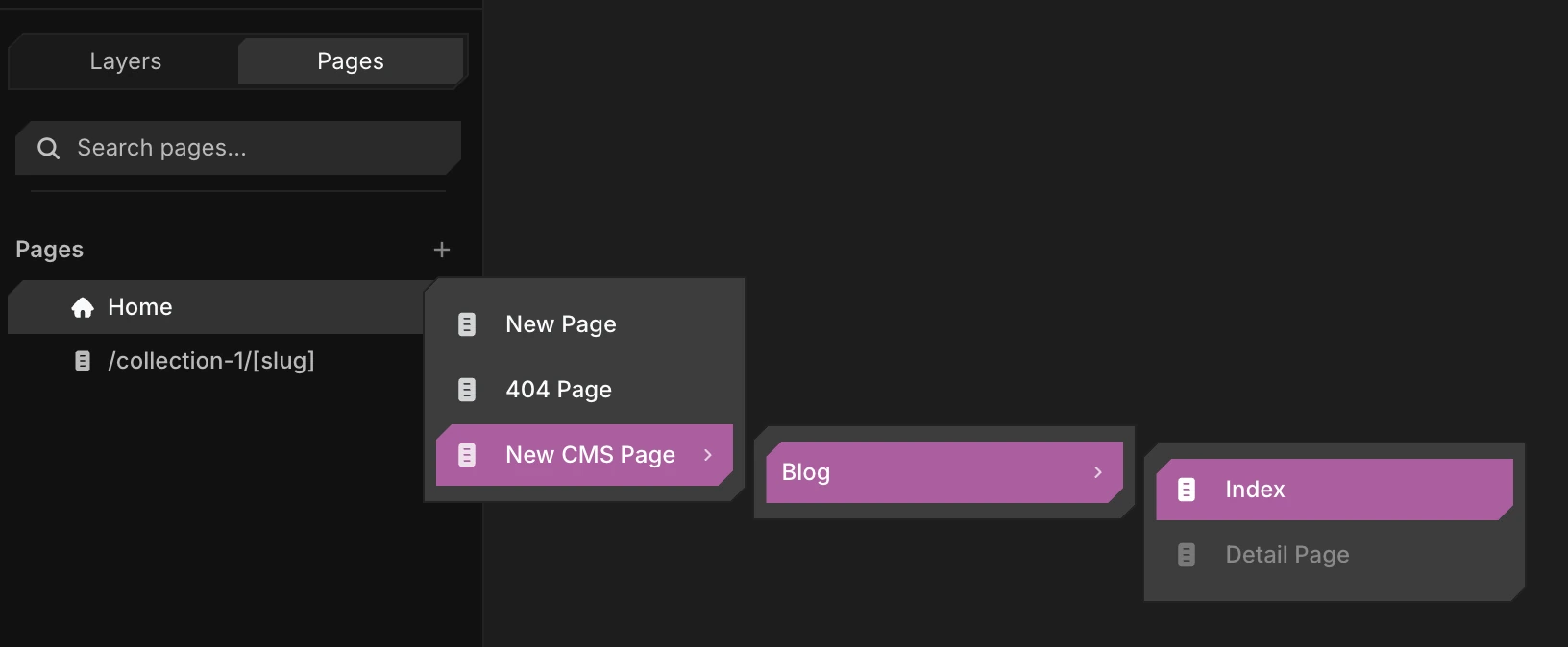 The add-page menu - New Page, 404 Page, and New CMS Page