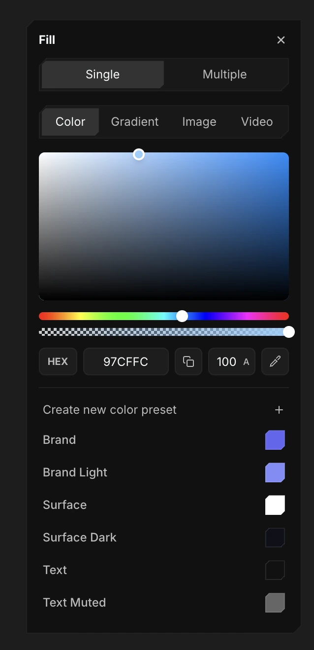 Saved color presets listed under the color picker in the Fill tool