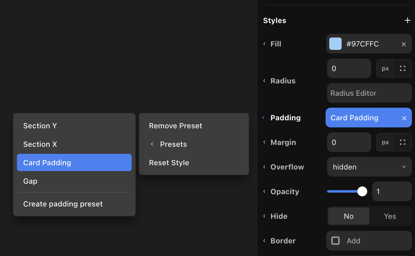 The presets menu opened from a control label