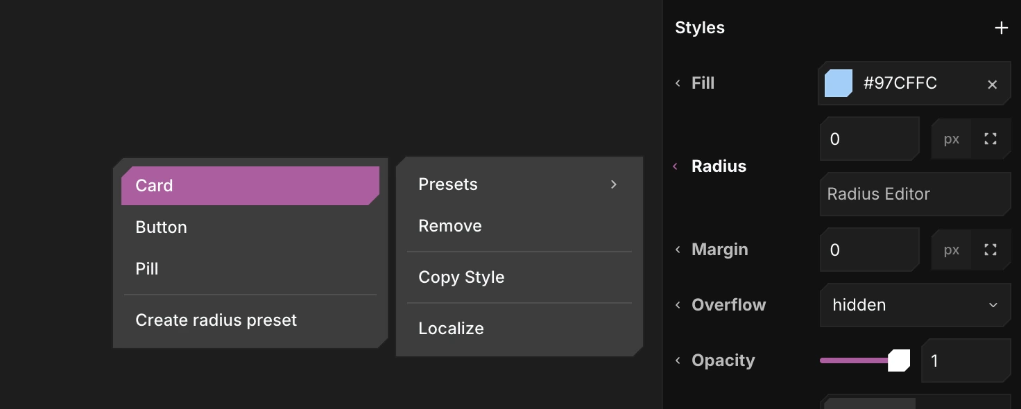 The Radius label opened, showing its saved presets and the Presets submenu