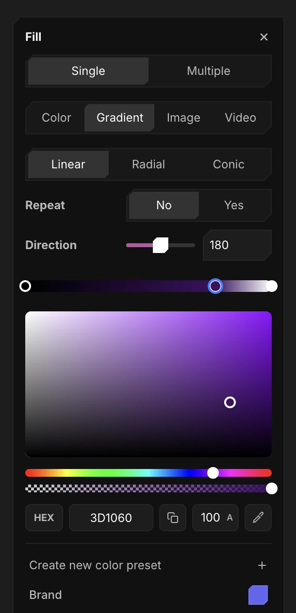 A linear gradient with one stop selected and the color presets below the picker