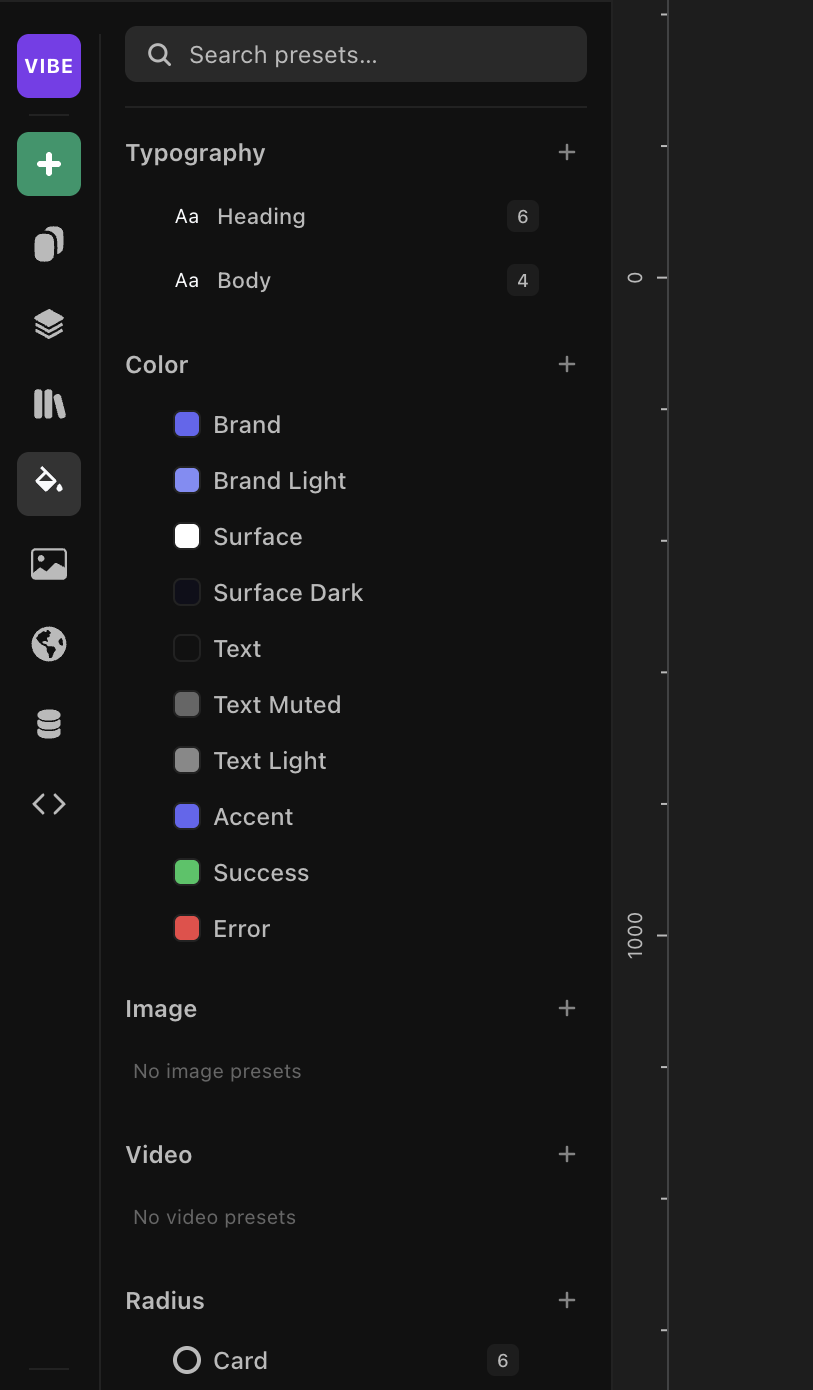 The Presets panel with typography, color, image, video, and radius tokens