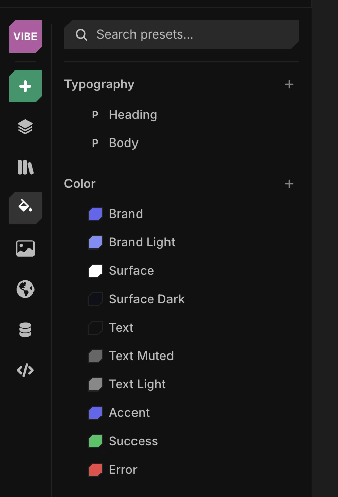 The Presets panel with typography, color, image, video, and radius tokens