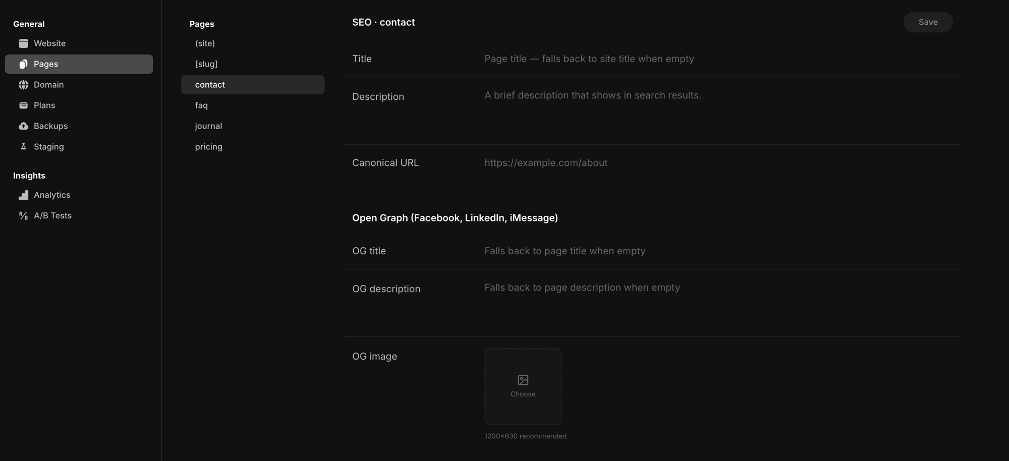 The per-page SEO settings — title, description, canonical URL, and Open Graph fields