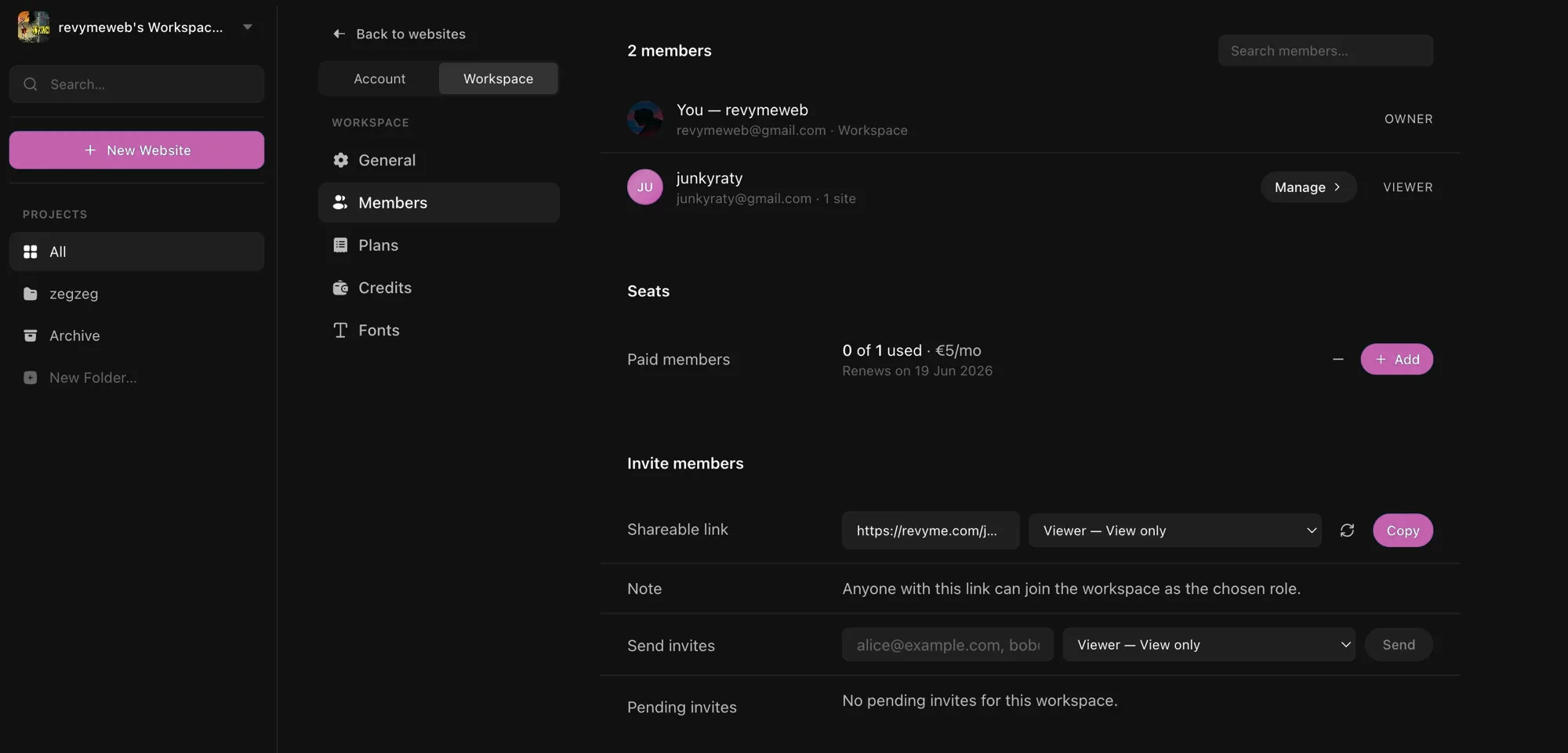 The Members settings - the member list with roles, the Seats section, and the invite controls