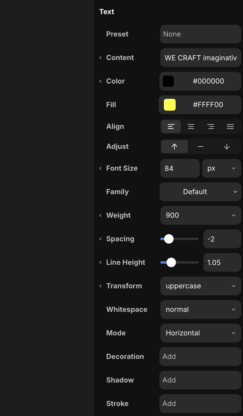 The Text section in the properties bar