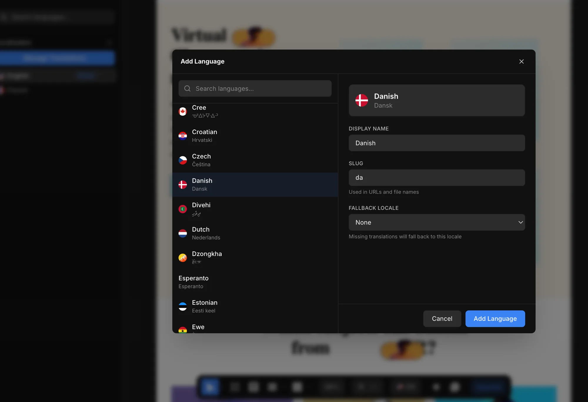 Add Language — locale search, slug, and fallback locale in the Revyme editor