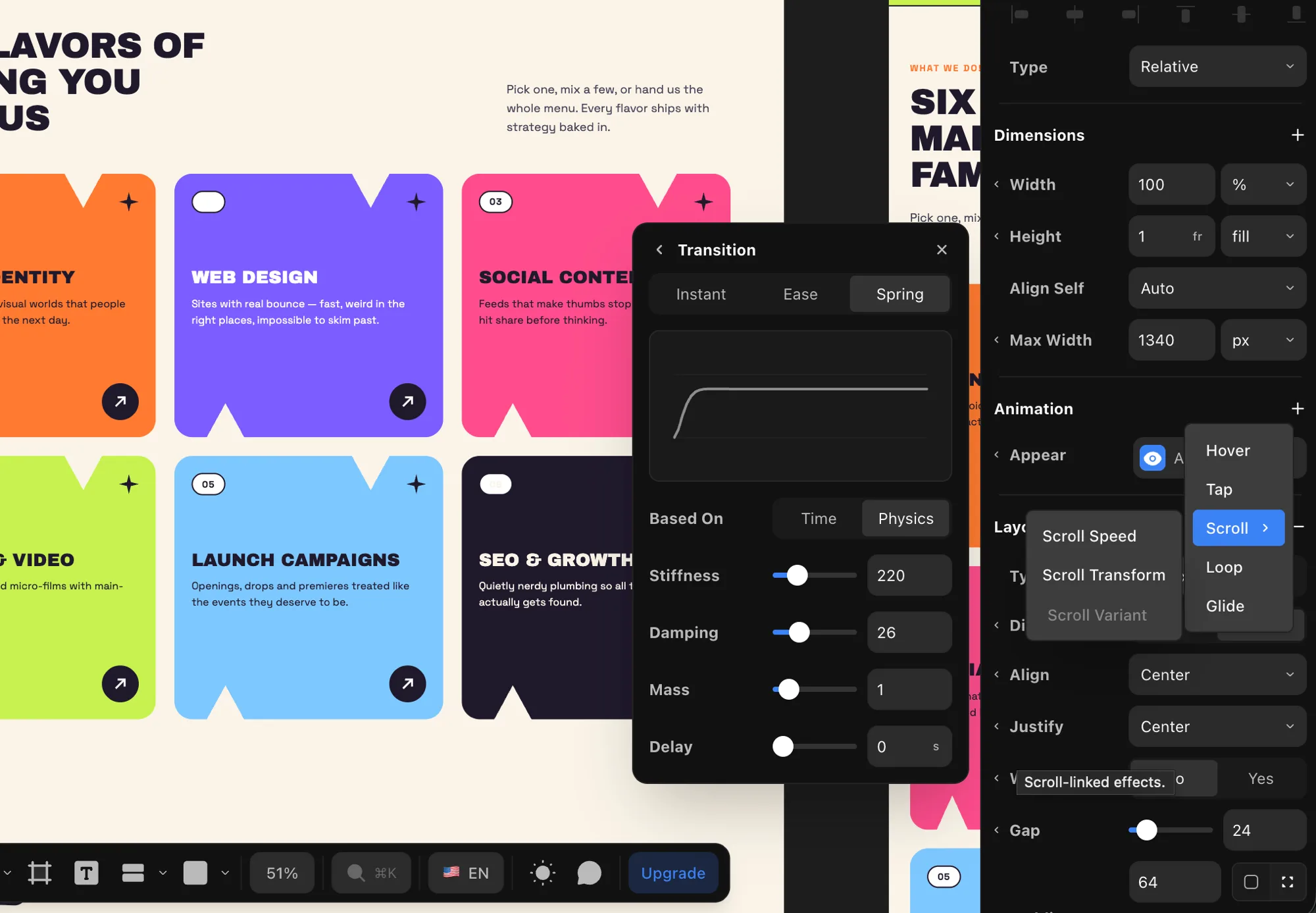 Transition editor — duration, bounce and delay — and the Animation triggers menu in Revyme